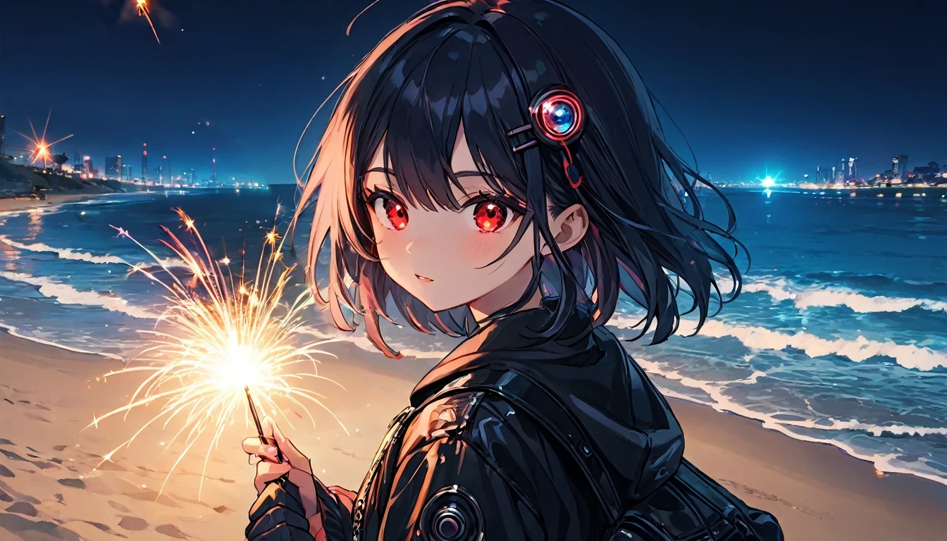 Sparklerをする男女、teenager、cyber punk、Red eyes、Glowing Eyes、Beach、Sparkler