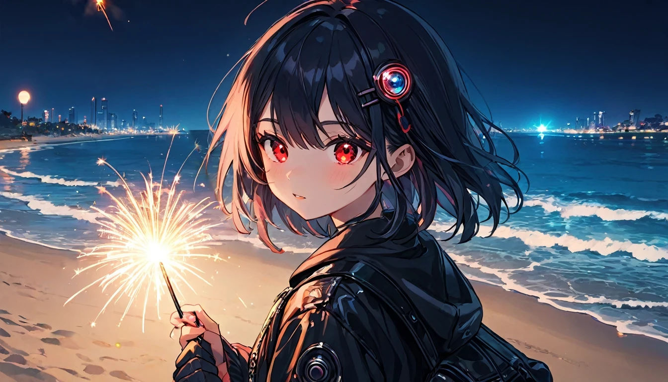 Sparklerをする男女、teenager、cyber punk、Red eyes、Glowing Eyes、Beach、Sparkler