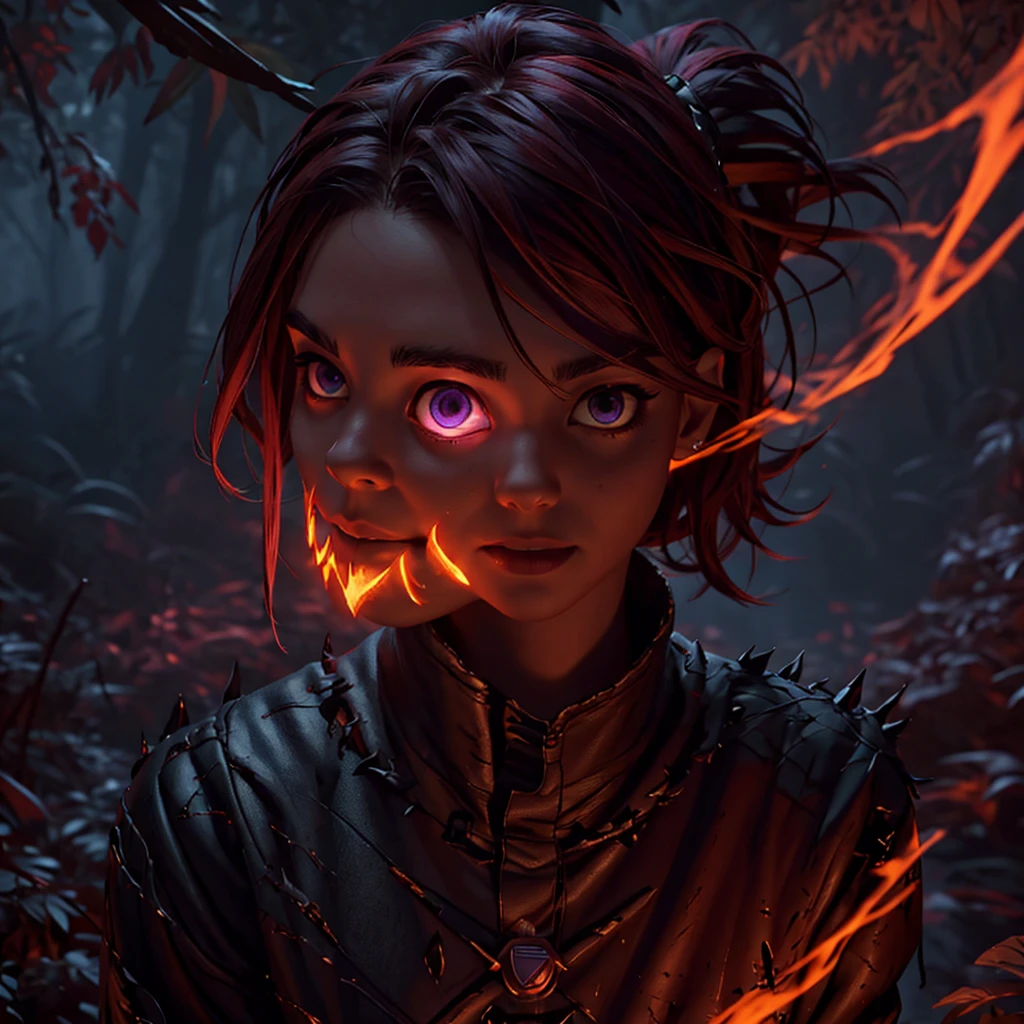  8 k, ultra detailed, soft lighting, cartoon, Best quality, trending on artstation,good art,Perfect art,Good detailed graphics,beautifully detailed body,beautiful detailed face,Best quality, 8 k, Best quality, ultra detailed , 8 k, HD, Teenage girl 13 years old.Was standing in a dark forest,horror ,looking at the camera,atmospheric cinematic lighting,purple bright eyes,Cinematic red lighting, [ horror game ], Spooky cinematic lighting, atmospheric, Atmospheric work of art, Ominous dark aura, virus horror system, detailed horror images in 4k format,
whole body,red short hair,Dark forest background,scar on face,smile,Nasty,fantasy art 8 k,masterpiece,check_9,check_8,check_7,check_8_up,check_7_up,check_6_up,cartoon, Best quality, trending on artstation,sinister,fiery,ghost,SCARLET WITCH,, wear black and red, like a mummy, tattered,, with old signs,  (glowing purple eyes), high detail, Dramatic,,fiery,necromation,all ghost control