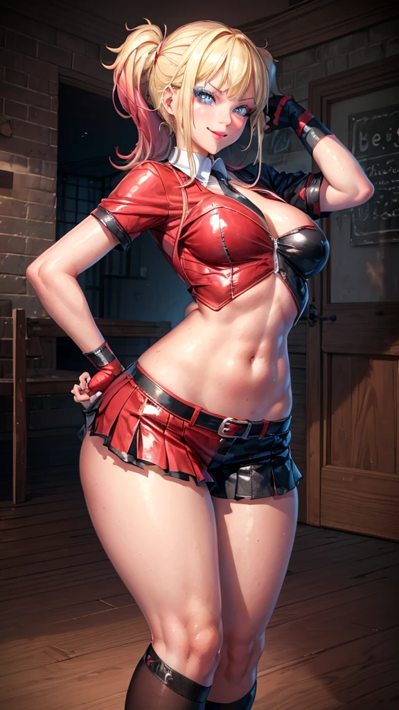 (best quality, highres:1.2), 1character, hot and curvaceous, detailed revealing outfit, white midriff tanktop, sexy shorts exposing panties up to hips, leather knee-high boots, Harley Quinn style, red and blue pigtails, baseball bat prop, HDR lighting, vivid colors, studio environment, extreme detail description, physical-based rendering, sharp focus, extreme curvature, revealing description, leather textures, confident pose, mid-shot, half body picture, full-frame appearance, provocative smirk, seductive eyes, bandana, belt with bat symbol, exposed shoulder, tattoos on arms, thigh-high socks, sexy and confident.