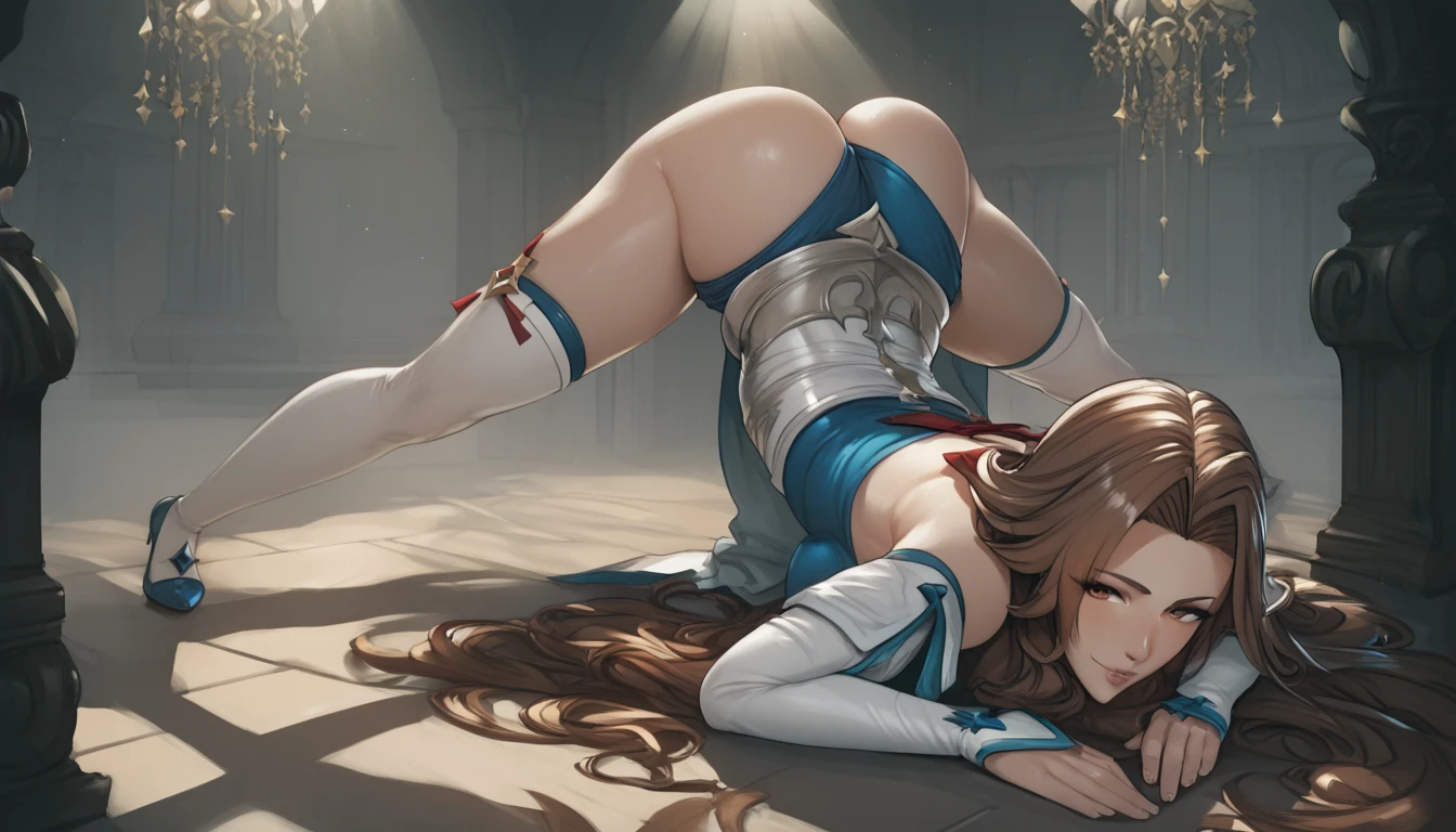 score_9, score_8_up, score_7_up, score_6_up, uncensored, katalina \(granblue fantasy\), brown hair, forehead, parted bangs, long hair, wavy hair, brown eyes, adult, mature, naughty face, BREAK (masterpiece:1.2), best quality, high resolution, unity 8k wallpaper, (illustration:0.8), (detailed eyes:1.3), perfect lighting, extremely detailed CG, (perfect hands, perfect anatomy),1girl, ass, ribbon, solo, top-down_bottom-up, detached_sleeves, looking_at_viewer, white_legwear, socks, spotlight, 