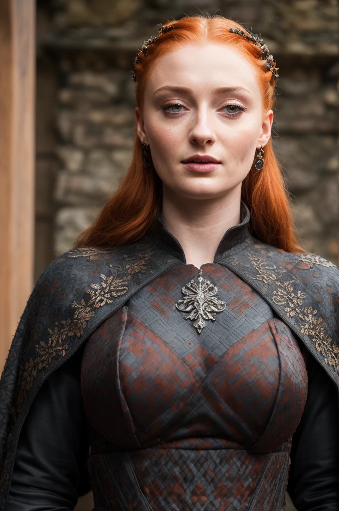 Face of Sophie Turner, Sansa Stark played by Sophie Turner, (solo), the de facto Lady of the Eyrie, is a 40-year-old mature queen with a stunning, alluring appearance. Full Face, pierced eyes, reddish lips, upper body shot, erotic Mediaeval costumes, game of thrones costumes, She wears a Game of Thrones-inspired costume and has a deep cleavage, a perfect thick body, and a perfect thick figure. The photograph captures her in a close-up, with her skin texture and facial features being ultra-realistic and realistic. Juicy thick figure, high quality skin, Skin pores, amazing details, snow, snow flakes, semi realistic, extremely detailed eyes, dark moody orange and black settings, cool environment, artificial intelligence