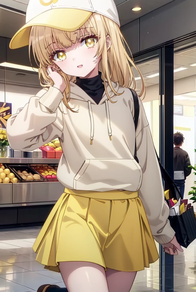 mahirushiina, Mahiru Shiina, bangs, Blonde, Brown Hair, (Yellow Eyes:1.3), happy smile, smile, Open your mouth,Open your mouth,Baseball cap,Oversized yellow hoodie,Short sleeve,mini skirt,black tights,short boots,Walking,Clear skies,Daytime,
break indoors,Shopping mall,
break looking at viewer, whole body,
break (masterpiece:1.2), Highest quality, High resolution, unity 8k wallpaper, (shape:0.8), (Fine and beautiful eyes:1.6), Highly detailed face, Perfect lighting, Highly detailed CG, (Perfect hands, Perfect Anatomy),