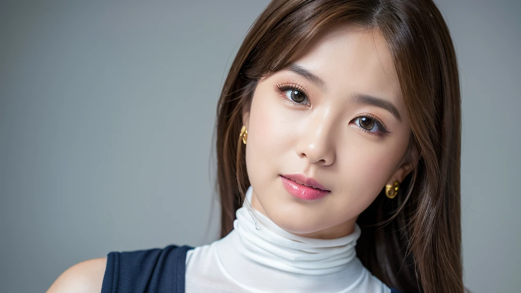 (Detailed face),vivid,chest,cute,Sleeveless and(turtleneck)White silky clothes,4K,Ultra-high resolution,(Photorealistic:1.7),Gray background,Long Hair、