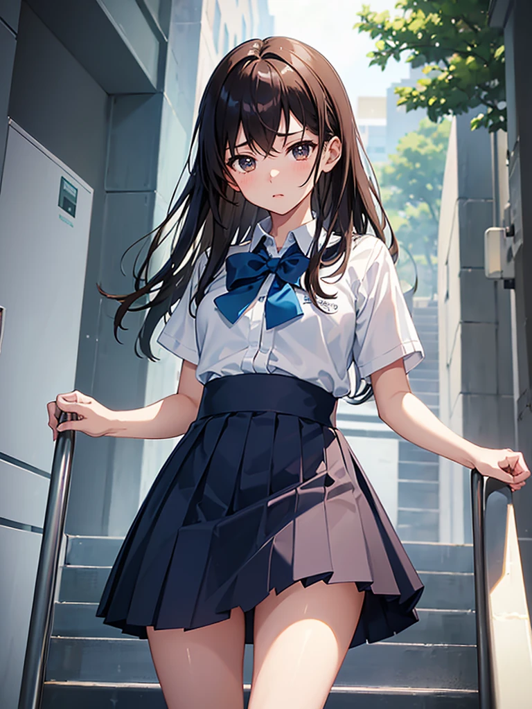 master piece, extremely detailed, high resolution,Makoto Shinkai style、high school girl、1 girl、Upper body only、Short-sleeved shirt、Blue bow tie、Glossy, plump lips、Shiny Hair、Brown Hair、Long Straight Hair、Mid-chest、Narrow waist、Checkered mini skirt、Climbing an escalator、Backwards、Looking up from below、Skirt is held back、Panties are visible under the skirt、Embarrassed look、Looking at me shyly、Red cheeks、