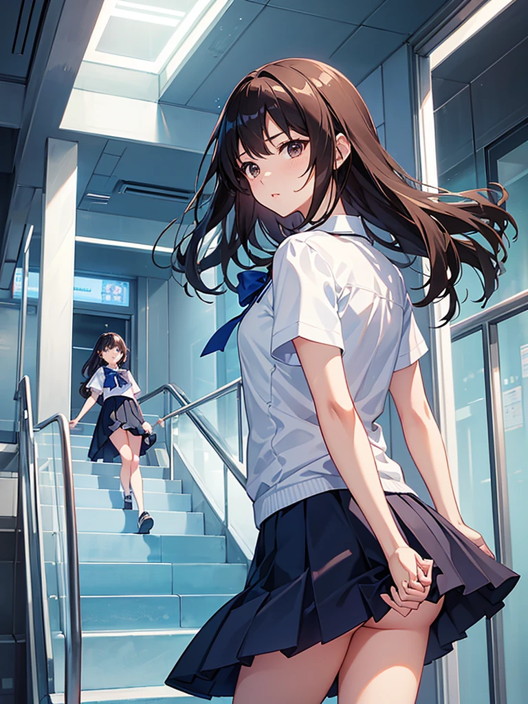 master piece, extremely detailed, high resolution,Makoto Shinkai style、high school girl、1 girl、Upper body only、Short-sleeved shirt、Blue bow tie、Glossy, plump lips、Shiny Hair、Brown Hair、Long Straight Hair、Mid-chest、Narrow waist、Checkered mini skirt、Climbing an escalator、Backwards、Looking up from below、Skirt is held back、Panties are visible under the skirt、Embarrassed look、Looking at me shyly、Red cheeks、