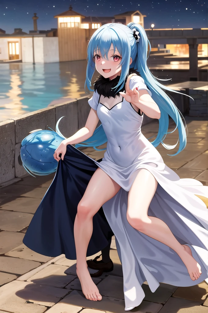 masterpiece, best quality, highres, rimuru tempest, blue hair, long hair, medium breasts, RED EYES, an adult girl, long hairs falling over her shoulders, decorated with a very elegant and very long navy white dress for a gala dinner, beautiful evening makeup, smiling, full body image, kind and generous nature, happy, blush, shy, smile, open mouth,