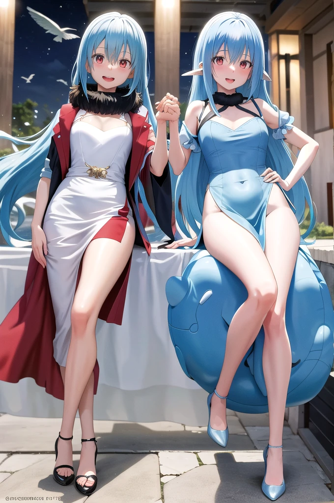 masterpiece, best quality, highres, rimuru tempest, blue hair, long hair, medium breasts, RED EYES, an adult girl, long hairs falling over her shoulders, decorated with a very elegant and very long navy white dress for a gala dinner, beautiful evening makeup, smiling, full body image, kind and generous nature, happy, blush, shy, smile, open mouth,