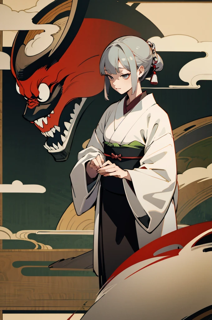 Kimono, Female, Edo Period, Japanese Background, Demon, Grey hair