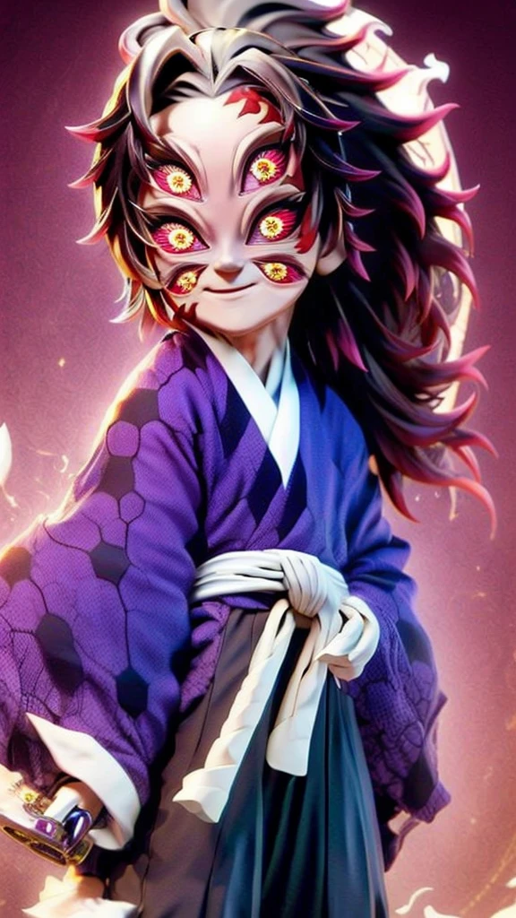 cute、Mini character、Fantasy、Smiling、Rainbow Eyes、Flying happily、Long Hair、ponytail、Six Eyes、Dark kimono and hakama、Eyes６There are、Ghost、楽しそうに飛んでいる