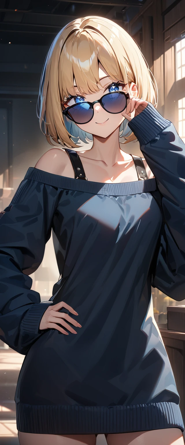 (((One girl))), blond hair, ((sunglasses, hand to sunglasses)), contrapposto, ((one hand on hip)), (bob cut:1.3)), breasts, cleavage, (cowboy shot), standard body, (looking at viewer), oversized clothes, puffy long sleeves, collarbone, ((off-shoulder knit sweater dress:1.3, Quite thick shoulder straps)), (((sleeves past wrists:1.3))), ((black sweater)), ager, head tilt:1.3, (((blue eye))), ((happy smile)), (((anime style))), (best quality, 4k, 8k, highres, masterpiece:1.2, ultra-detailed, ultra-detailed eyes, HDR, UHD, studio lighting, ultra-fine painting, sharp focus, physically-based rendering, extreme detail description, professional, vivid colors, bokeh), ((Highest quality, Best image quality, Ultra-high resolution, Ultra-high resolution, solo, Strong eye highlights)), Depth of written boundary, Natural soft light, attractive, Beautiful Face, Cleanliness, Pure Face, nedium chest, Beautiful Face, Perfect Fingers, Perfect hands, Perfect body, Perfect Face, Shine a light into your eyes, Perfect Anatomy
