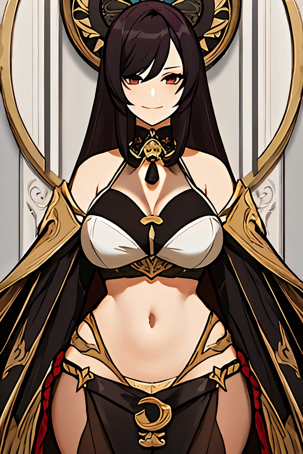 [A beautiful, mature woman with a seductive smile and parted lips stands against a white background. Pele levemente bronzeada, She has sharp eyelashes, brown eyes, and long black hair with bangs. Her figure is voluptuous, with a narrow waist, broad hips, and huge breasts. The image has an impactful, Genshin-inspired style, rendered in high detail and HDR quality as a stunning work of art.]