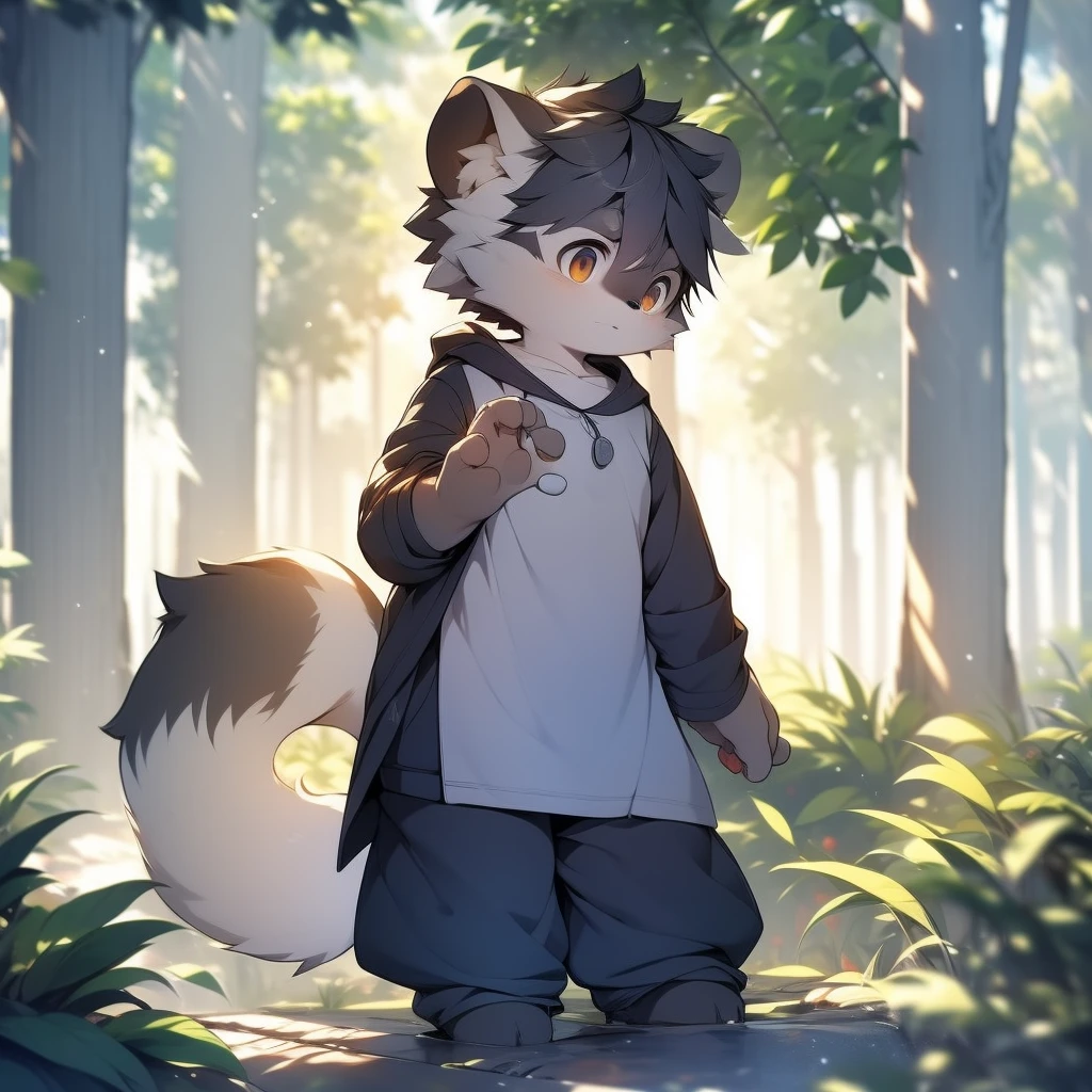 author:jrjresq, author:kirito, Libido boy, furry raccoon, Fursona raccoon , Black and grey hair, Very good figure, Handsome, adolable, Light:Hazy light and shadow, Reflective skin, Reddish skin, worn-out clothing,Commoner, beachside,standing on the rock,sandbeach,solo person,solo,1doy, Outdoor sunset, the detail, depth of fields, Libido boy