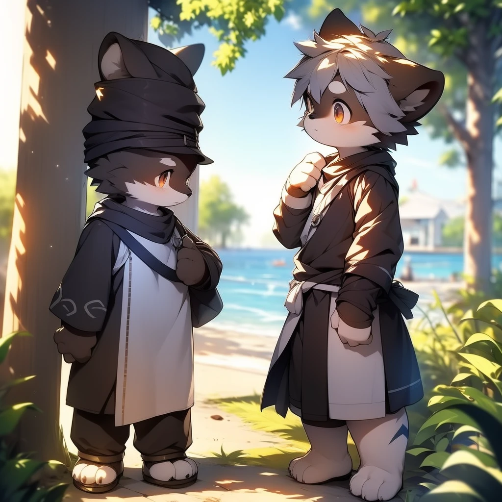 author：jrjresq, author：kirito, Libido boy, furry raccoon, Fursona raccoon , Black and grey hair, Very good figure, Handsome, adolable, Light：Hazy light and shadow, Reflective skin, Reddish skin, worn-out clothing，Commoner, beachside，standing on the rock，sandbeach，solo person，solo，1doy, Outdoor sunset, the detail, depth of fields, Libido boy