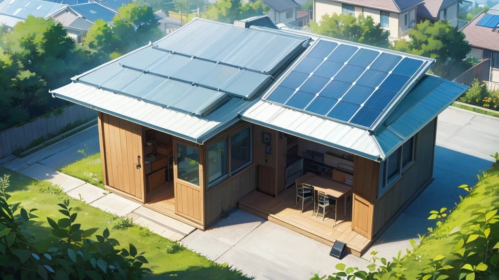 An eco-friendly house with a green roof garden, solar panels, and an electric car charging in the driveway