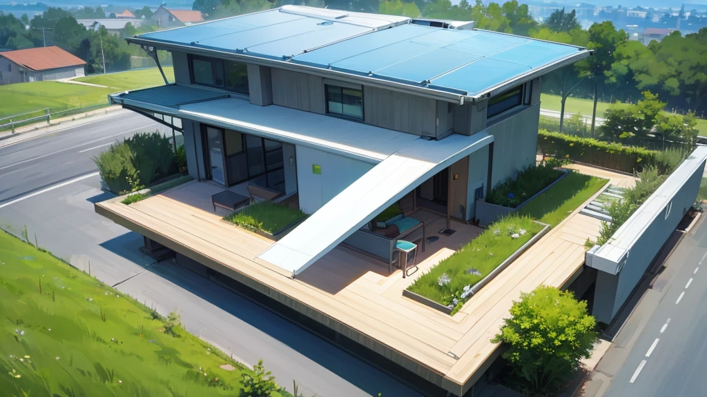 An eco-friendly house with a green roof garden, solar panels, and an electric car charging in the driveway