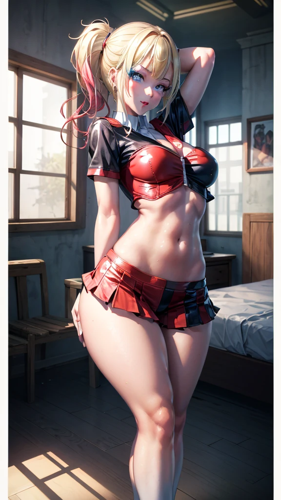 (Masterpiece), Cute and Adorable Eurasian Anime (Best Quality, High Resolution: 1.2), (1 Character), Pastel Colors, Relaxed Room, Harley Quinn Inspired, White Midriff Tank Top, Sexy Shorts Revealing Panties Up to Hips, Leather Knee-High Boots, Hot and Curvaceous, Detailed Revealing Outfit, Red and Blue Pigtails, HDR Lighting, Vivid Colors, Studio Environment, Extreme Detail Description, Physical-Based Rendering, Sharp Focus, Extreme Curvature, Revealing Description, Leather Textures,
