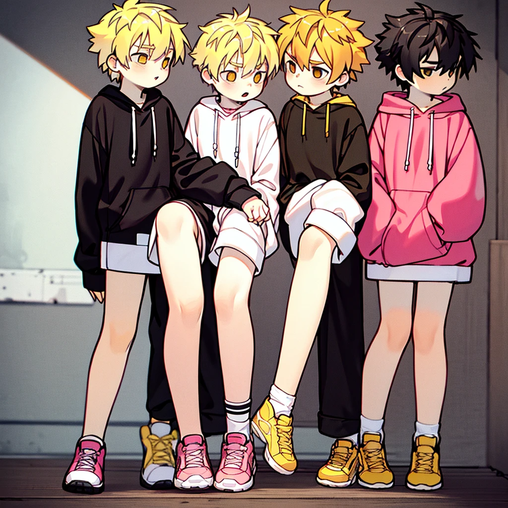 yellow hair   orange eyes   black and white hoodie   pink shoes