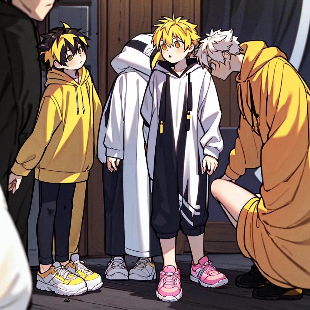yellow hair orange eyes black and white hoodie pink shoes