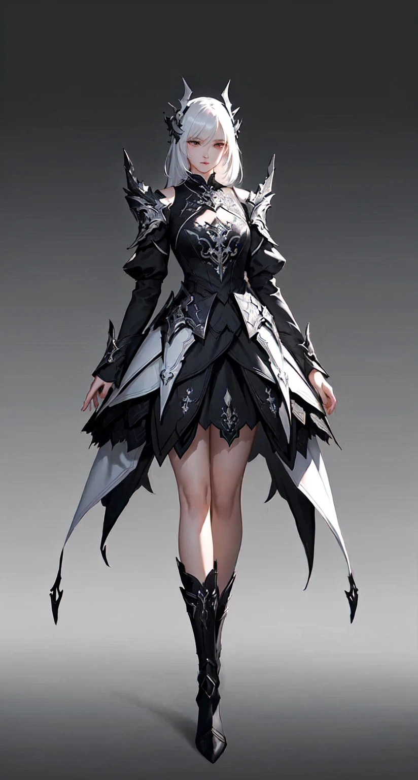 Picture of a woman wearing black and white clothes, author:Yang J, Stunning character art, Beautiful full body concept art, Stunning 8K character concept art, Light black armor, Fantasy Costume, dark fantasy character design, Interesting character design, Kushat Krenz Key Women in Art, great character design, From Arknights, Highly detailed character designs