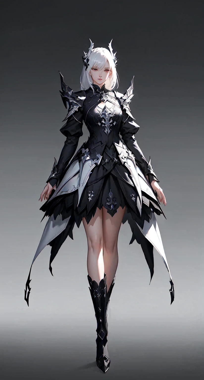 Picture of a woman wearing black and white clothes, author:Yang J, Stunning character art, Beautiful full body concept art, Stunning 8K character concept art, Light black armor, Fantasy Costume, dark fantasy character design, Interesting character design, Kushat Krenz Key Women in Art, great character design, From Arknights, Highly detailed character designs