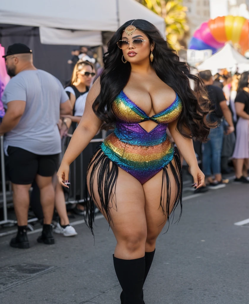 a medium tan latina woman with very long voluminous black hair, voluptuously curvy ,big plump breasts, big juicy ass, diminutive waist widest hips, widest thighs, medium tan persian woman with voluminous very long black hair) (at the pride parade in san francisco california:1.2). She's wearing a fashionable bikini with rainbow colors , and her makeup and hairstyle exude sophistication. Her pose and the setting suggest confidence and success.while showing off her huge, round hips and big bottom. in the style of an influencer (Full body portrait:1.2)., skin pores, soft light, lens flare, highly detailed, detailed skin, women and men dressed accordingly in background