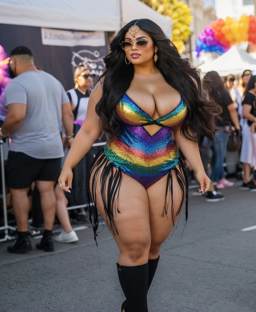 a medium tan latina woman with very long voluminous black hair, voluptuously curvy ,big plump breasts, big juicy ass, diminutive waist widest hips, widest thighs, medium tan persian woman with voluminous very long black hair) (at the pride parade in san francisco california:1.2). She's wearing a fashionable bikini with rainbow colors , and her makeup and hairstyle exude sophistication. Her pose and the setting suggest confidence and success.while showing off her huge, round hips and big bottom. in the style of an influencer (Full body portrait:1.2)., skin pores, soft light, lens flare, highly detailed, detailed skin, women and men dressed accordingly in background