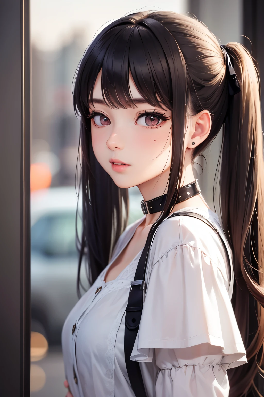 masterpiece, best quality, highly detailed, high resolution, expensive resolution, high resolution, 4K, 8k, Unity 8k wallpaper, highly detailed CG, masterpiece, 2D, 3D, beautiful details, depth, fine texture, best quality: 1.3, perfect focus, crispy skin, him, very cute, one 20-something girl, before a date with him, enjoying fashion, short twin tails, mole under eye, looking at the viewer, expensive, blush, mole, parted lips, heart, pink eyes, choker