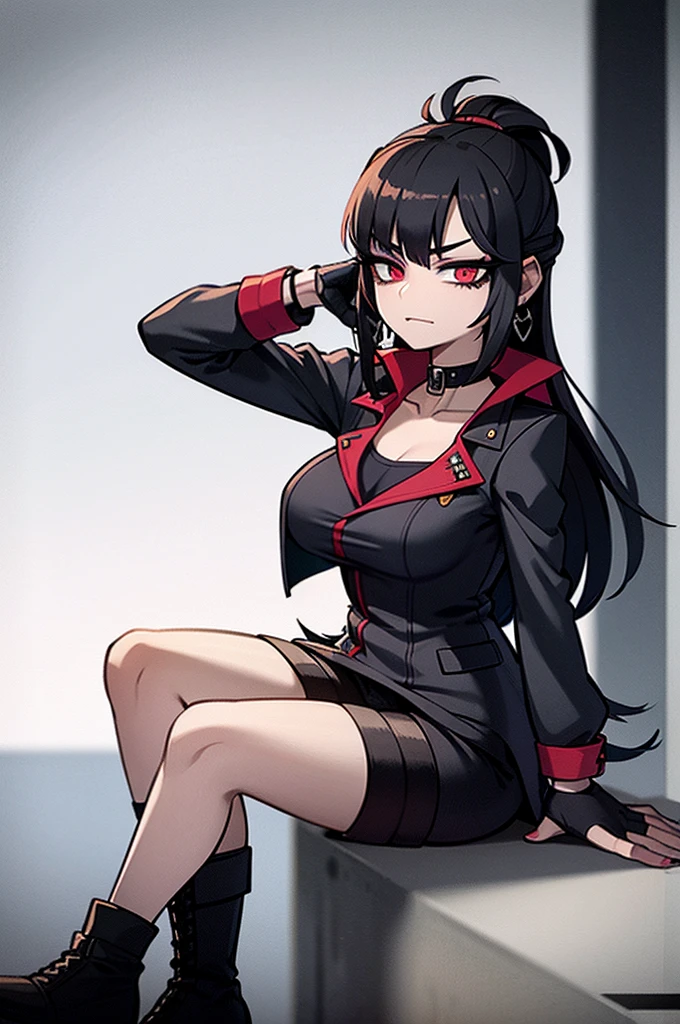 Cold, tsundere, dark red and black eyes, secretly softie, hot, massive tits, girly and stylish outfit, on phone, hot bully, smug, sassy, bitch, high-top shoes with black and white heels, black and pink aesthetic, a bit emo and goth, black shiny lips, wearing black makeup, black long lush hair with “Batcaver” style, sitting with legs crossed, street alley background, sitting on one of the rails, blowing a piece of pink bubble gum, graffiti art on tight top, graffiti art in background, black fingerless gloves with lacing, netted stockings and black ripped shorts, skull and spiked choker, earrings, black puffed street-goth jacket, side camera angle