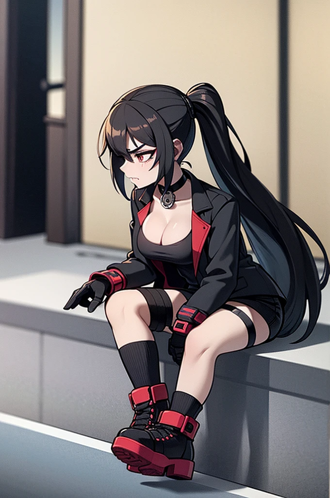 Cold, tsundere, dark red and black eyes, secretly softie, hot, massive tits, girly and stylish outfit, on phone, hot bully, smug, sassy, bitch, high-top shoes with black and white heels, black and pink aesthetic, a bit emo and goth, black shiny lips, wearing black makeup, black long lush hair with “Batcaver” style, sitting with legs crossed, street alley background, sitting on one of the rails, blowing a piece of pink bubble gum, graffiti art on tight top, graffiti art in background, black fingerless gloves with lacing, netted stockings and black ripped shorts, skull and spiked choker, earrings, black puffed street-goth jacket, side camera angle