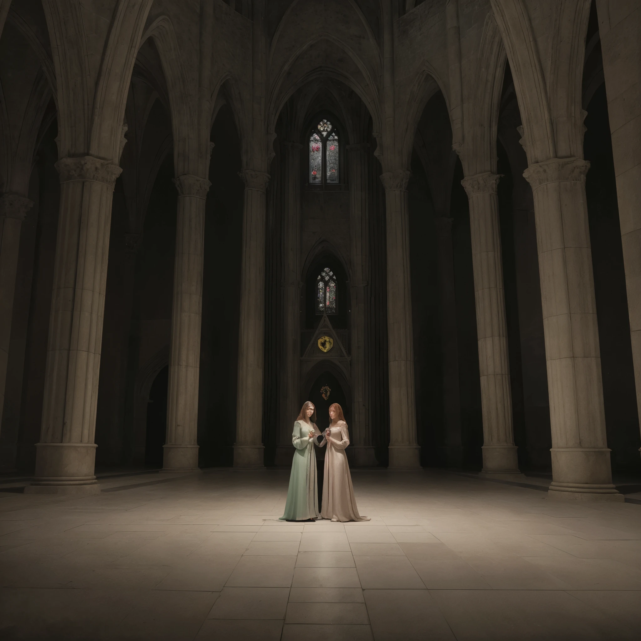 (Masterpiece, 8k, 16k, uhd, best quality, fantasy photograpy, epic imagination), 3girls (cuddling, front to back:1.2) in a "Gothic cathedral " at midnight, beautiful, tender, late night, reading a book, chilled drink aisle, film scene, cinematic lighting, intense indoor white tube lighting, black dresses, green dressees, rose dresses, In the background you can see a red Ferrari car that occupies the entire width of the photograph