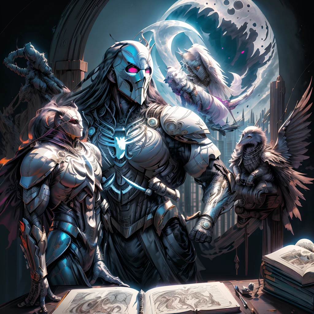 midshot, cel shading style, Centered Image, (ultra detailed illustration (Moon Knight) from Marvel comics posing), Brood, (notebook colors), iridescent, InkPunk, ink lines, strong outlines, art by MSchiffer, greasy marks, No frames, high contrast, shaded, Vector, permission 32k, Best quality