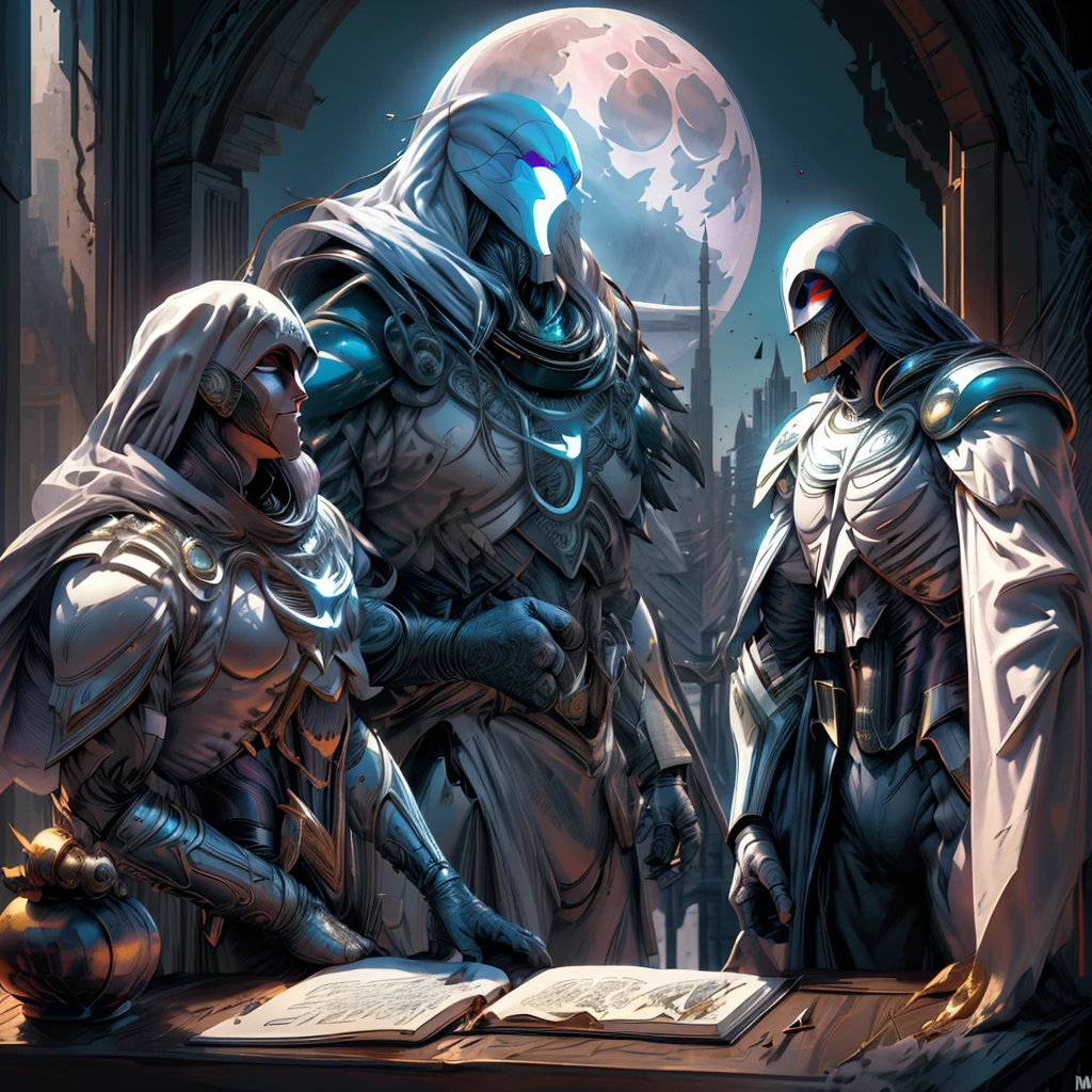 midshot, cel shading style, Centered Image, (ultra detailed illustration (Moon Knight) from Marvel comics posing), Brood, (notebook colors), iridescent, InkPunk, ink lines, strong outlines, art by MSchiffer, greasy marks, No frames, high contrast, shaded, Vector, permission 32k, Best quality