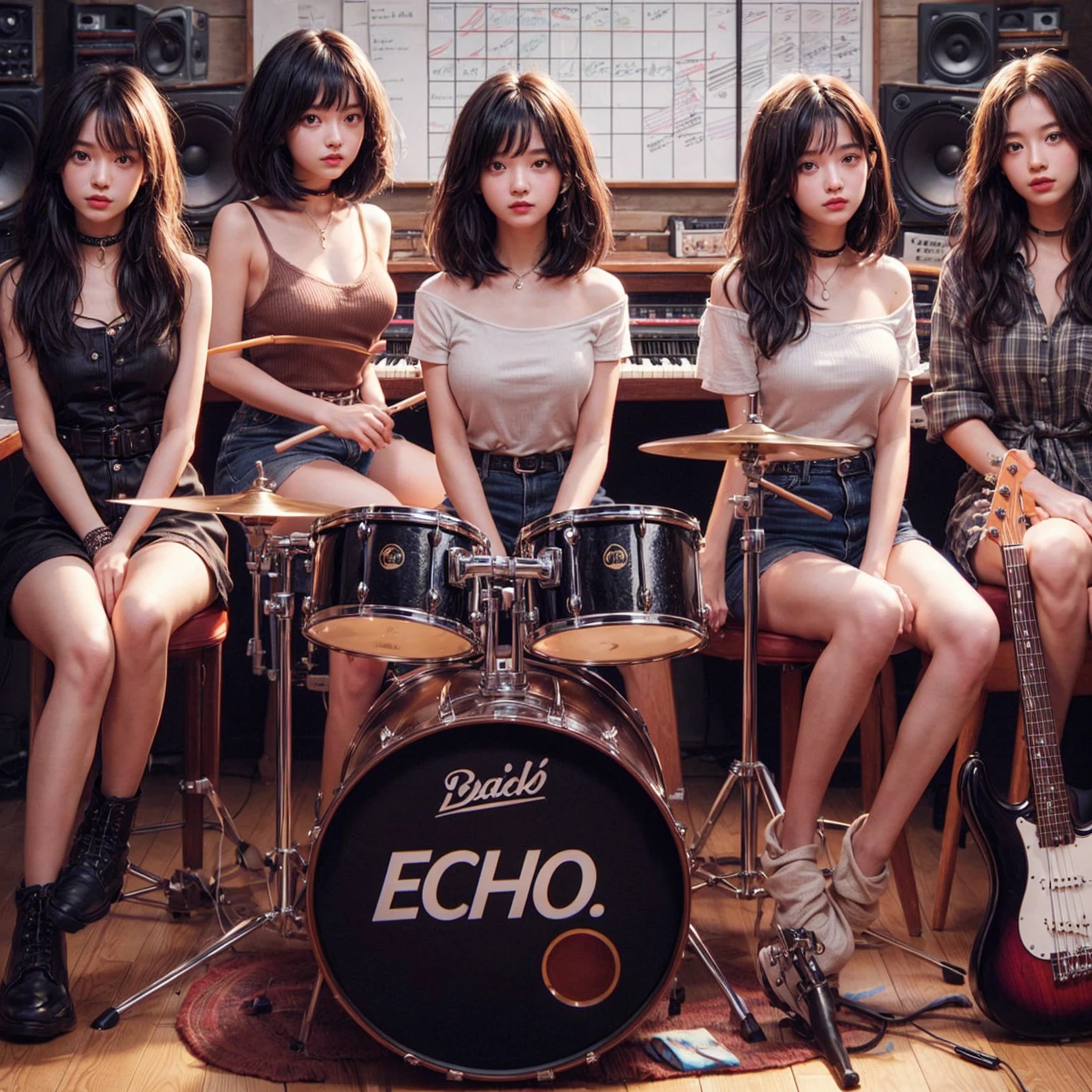 **Photo of 5 beautiful girls, aged 18 to 20, sitting:**
- **3 girls with messy black hair**
- **1 girl with wavy bob black hair**
- **1 girl with a black ponytail**
One girl is playing the drums, one girl is playing the piano, one girl is playing the bass guitar, one girl is playing the guitar, and one girl is singing. They are sitting behind a board with the word "ECHO" written on it. The background is a music studio, complete with drums, guitars, bass guitar, and piano. The image is ultra HD, 4k, photorealistic, raw, and a masterpiece.