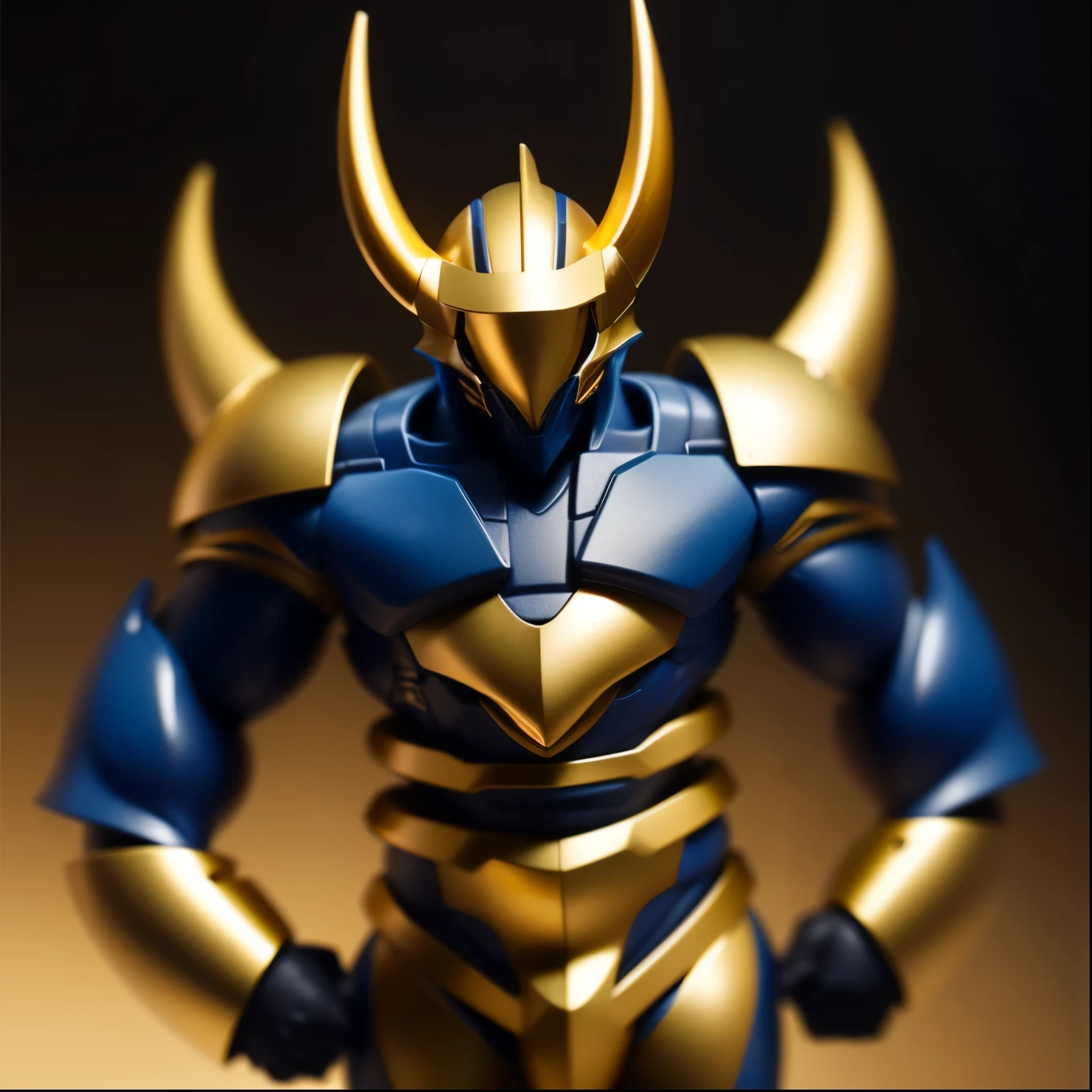 Two long horns on head, golden horns, horns on both shoulders, golden armor, dark night background, high quality, blue visor,