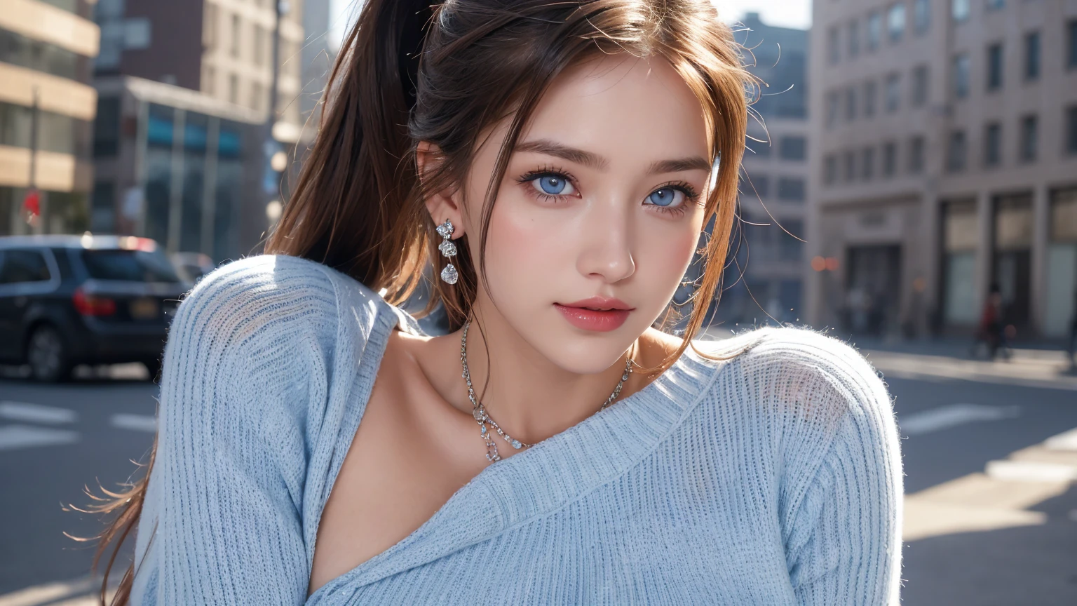 Pale face and blue eyes、Super thin face and blue eyes、Beautiful urban college girl, masterpiece, light makeup, Red lips, Silver Hair, Long messy hair, urban landscape background, Beautiful and elegant. Ultra-fine detail, masterpiece, Authentic texture, Realism in film lighting, Perfect job, 16K, High resolution, Exquisite features, blue eyes, Japanese Idols, ponytail, Beautiful Face, Cute Smile, Brown Hair, Beautiful Hair, glamorous, Big Breasts, Huge breasts, Huge breasts, Big Breasts, Erect nipples, Greasy muscle, Shiny skin, Sunburned skin, dark Shiny skin, Big, bright eyes, Smooth Skin, Earrings, necklace, tattoo, Exquisite, Tanned Big Breasts, Everything is wet, Light knitted sweater,