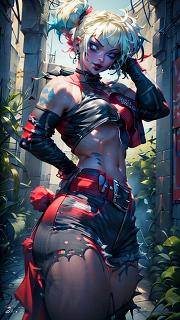 (best quality, highres:1.2), 1character, hot and curvaceous, detailed revealing outfit, white midriff tanktop, sexy shorts exposing panties up to hips, leather knee-high boots, Harley Quinn style, red and blue pigtails, baseball bat prop, HDR lighting, vivid colors, studio environment, extreme detail description, physical-based rendering, sharp focus, extreme curvature, revealing description, leather textures, confident pose, mid-shot, half body picture, full-frame appearance, provocative smirk, seductive eyes, bandana, belt with bat symbol, exposed shoulder, tattoos on arms, thigh-high socks, sexy and confident.