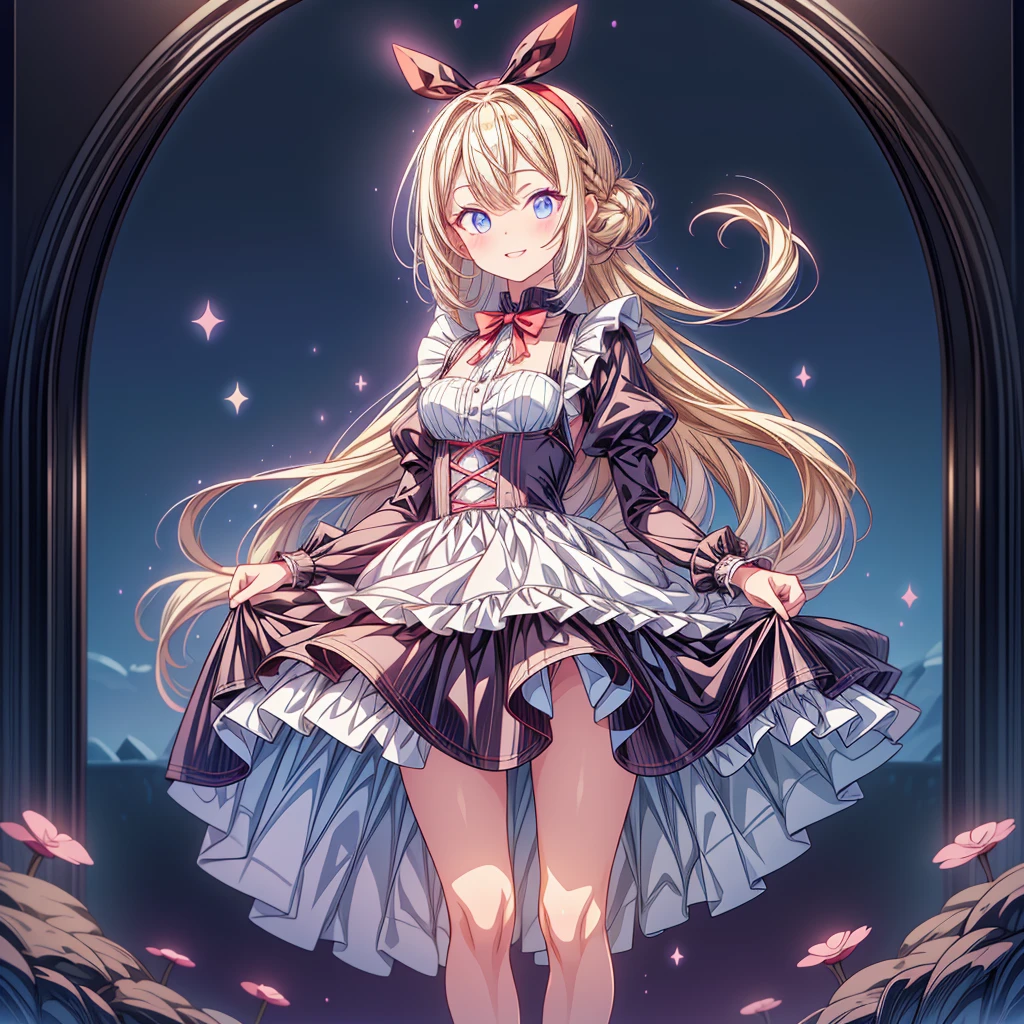 (Tabletop, Highest quality、Super detailed、Super detailedな目), (Perfect athletic body:1.2), (Fine hair), Super detailed, Anime Style, whole body, alone, Fantasy Blonde Hair, Blue Eyed Girl, Apron dress like Alice in Wonderland, Playing cards with your hands, Red Hairband, Black-purple miasma swirls, There are many whispers of the floating black devil, Nightmarish sights, Standing in the Wilderness, High heel boots, Digital Painting, 8K high resolution, Trend Art Station, whole body, Bad smile,background_Distorted clock:1.5、kawaii tech、Glitter eyes、