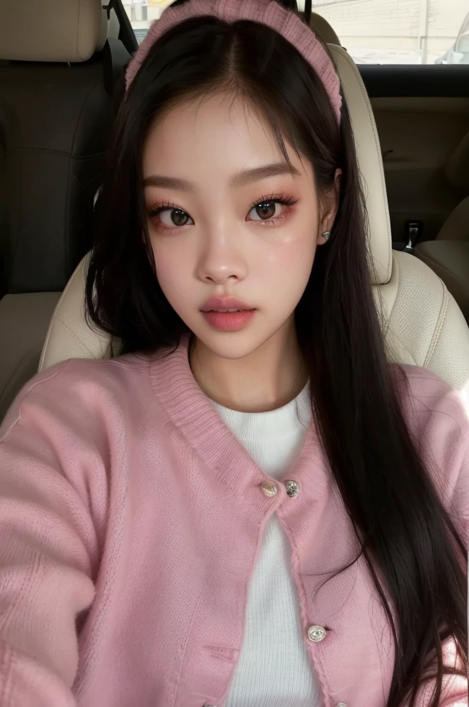 a closeup of a woman in a car wearing a pink sweater, jennie from blackpink girl group kpop