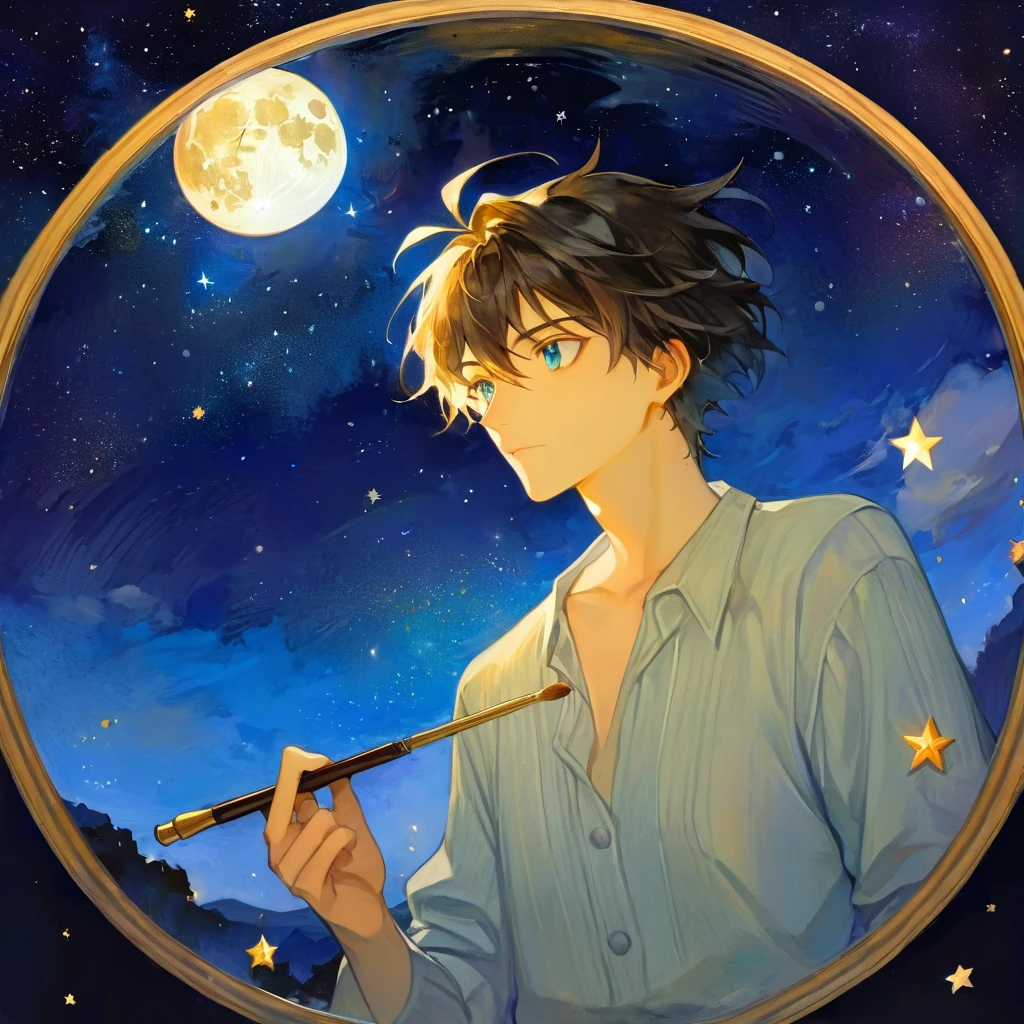 magic, fantastic, night sky, one moon, stars, background, (simple oil painting in a style to Bill Sienkiewicz), male
