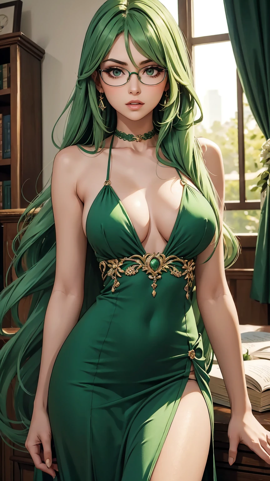 1 babe, green hair, long hair, eyeglasses, queen, long dresses, sleeveless, sexy, slim body, parted lips