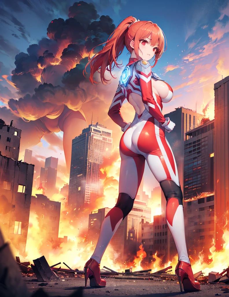 Realistic,Highest quality, Ultra Detail, High-quality CG rendering, The most delicate and beautiful, Floating softly, High resolution, (1 giant girl), (Highest quality,4K,8K,masterpiece:1.2),(All red hair:1.5), (ponytail:1.5),(Red eyes:1.5), (Ultra Girl:1.0), (Red Ultraman bodysuit:1.4),(Do not expose your skin:1.4),(Slightly larger breasts:1.5),(Place your hands in front of your chest:1.3),(Red gloves:1.3),(Red Shoes:1.3),(whole body:1.3),(Are standing:1.3),(A city engulfed in flames:1.3),(Buildings in flames:1.3),(Burning Ruins:1.3),(Fighting Pose:1.3),(Put your right hand forward:1.3),(Turn your back to your audience:1.3),Butt