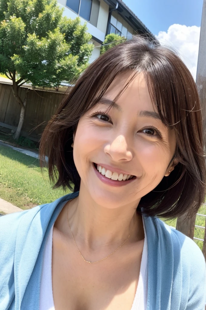 48 years old Big Breasts woman A kind smile Big eyes Front teeth Short Bob Hair Japanese classmate