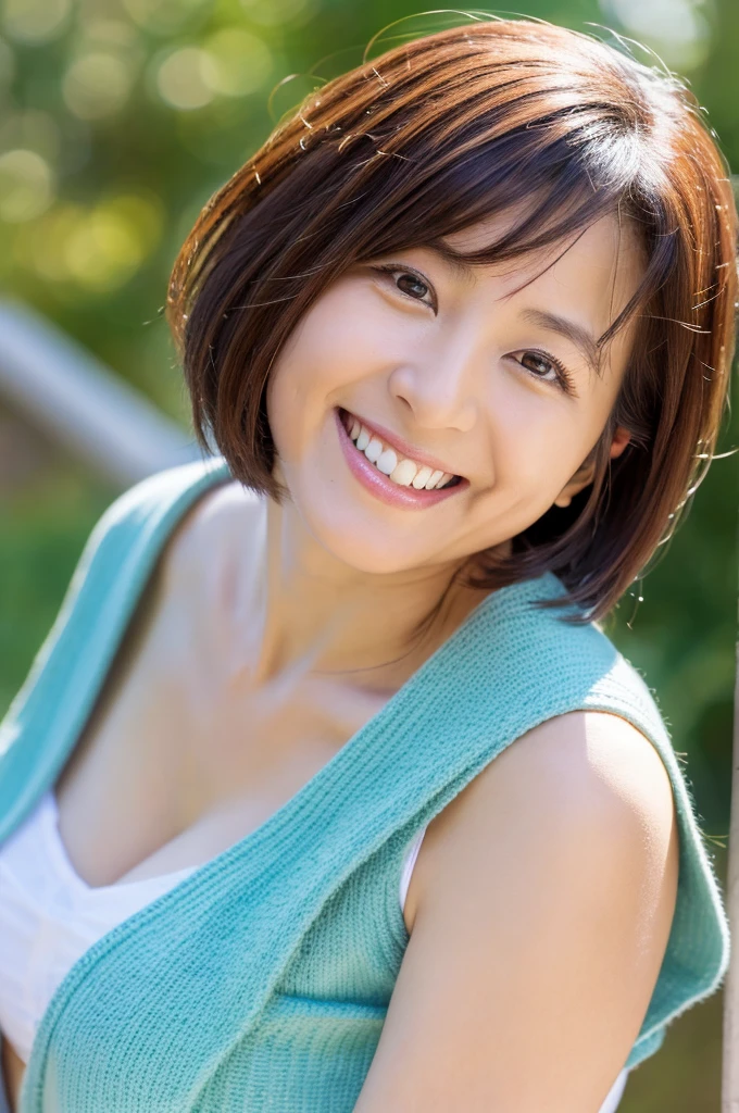 48 years old Big Breasts woman A kind smile Big eyes Front teeth Short Bob Hair Japanese classmate