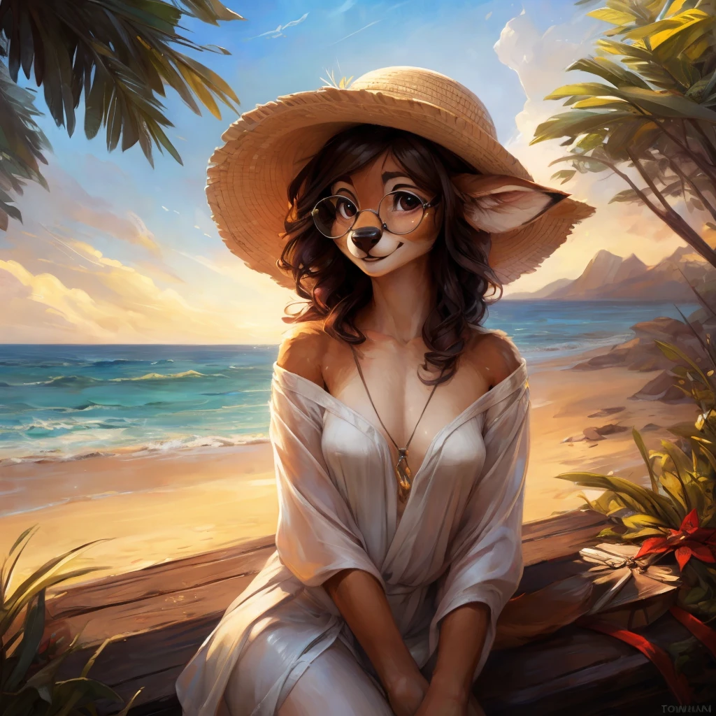 uploaded on e621, by Pixelsketcher, by Bayard Wu, by Thomas Benjamin Kennington , by Einshelm, by hioshiru and kenket, Chunie, portrait, solo anthro female deer doe, with small featureless breasts, clear dark blue, cinematic lighting, day, sunny day, beach, stays in the sea, sea background, mediterranean background, horizon background, shiny, short curly dark brown hair, wears big black nerd glasses, very very beautiful furry art, furry art, smiling, joyful, shiny, happy, feminine, cute face, muzzle, fluffy chest, flawless face, Fallow deer, 1girl, Sakimichan is beautiful, Masterpiece, Wavethesallow Face, shiny, Detailed image, portrait, Detailed image, portrait, full body, wearing wide, long, white blouse, wearing big and wide beige summer straw hat, shiny, realistic face, perfect anatomy, hourglass body, (furry body:1.1), anthropomorphic deer, looks at the viewer, small fluffy tail, detailed background, (cute anatomy:1.1), windy, smiling, very happy, happy
