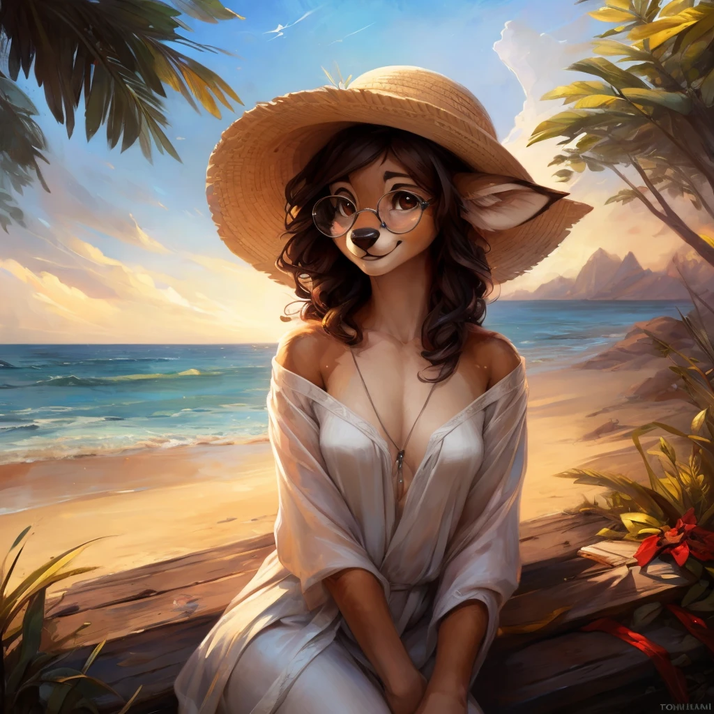 uploaded on e621, by Pixelsketcher, by Bayard Wu, by Thomas Benjamin Kennington , by Einshelm, by hioshiru and kenket, Chunie, portrait, solo anthro female deer doe, with small featureless breasts, clear dark blue, cinematic lighting, day, sunny day, beach, stays in the sea, sea background, mediterranean background, horizon background, shiny, short curly dark brown hair, wears big black nerd glasses, very very beautiful furry art, furry art, smiling, joyful, shiny, happy, feminine, cute face, muzzle, fluffy chest, flawless face, Fallow deer, 1girl, Sakimichan is beautiful, Masterpiece, Wavethesallow Face, shiny, Detailed image, portrait, Detailed image, portrait, full body, wearing wide, long, white blouse, wearing big and wide beige summer straw hat, shiny, realistic face, perfect anatomy, hourglass body, (furry body:1.1), anthropomorphic deer, looks at the viewer, small fluffy tail, detailed background, (cute anatomy:1.1), windy, smiling, very happy, happy