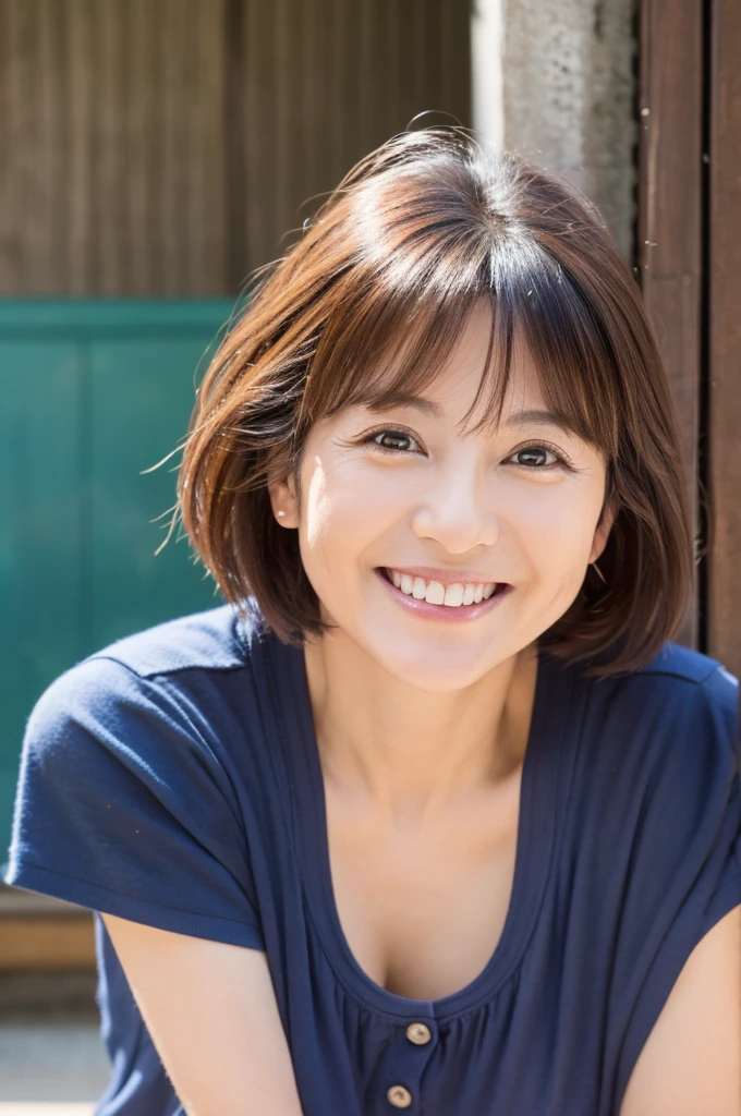 48 years old Big Breasts woman A kind smile Big eyes Front teeth Short Bob Hair Japanese classmate