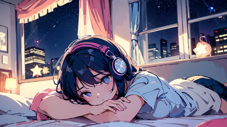 a girl hearing music with headphone in bed window side night many star in sky mobile in hand