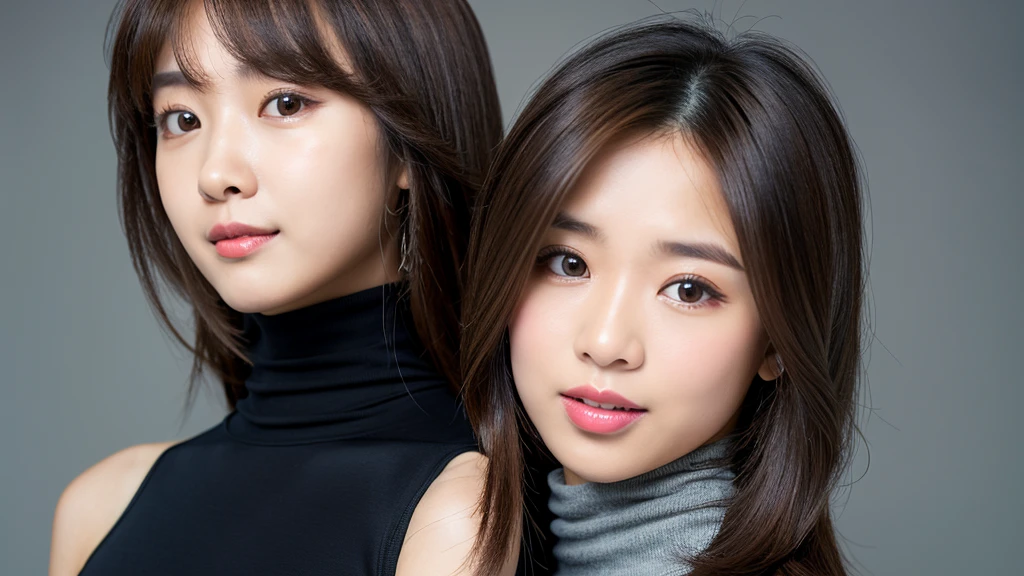 (Detailed face),vivid,chest,cute,Sleeveless and(turtleneck)White silky clothes,4K,Ultra-high resolution,(Photorealistic:1.7),Gray background,Long Hair、