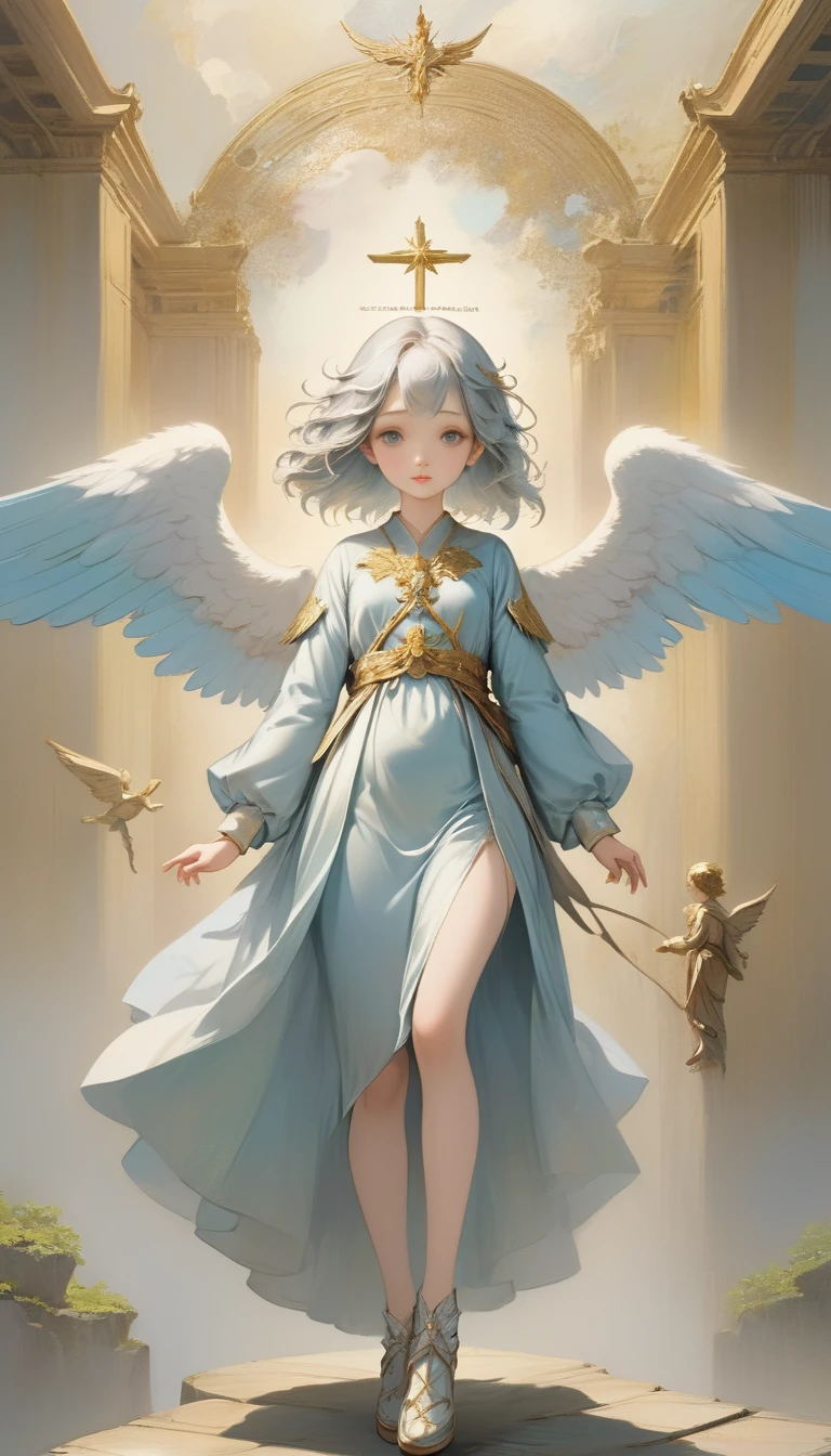 (masterpiece), (High resolution), (Very delicate), (masterpiece: 1.2, Highest quality),Perfect Anatomy、silver, Angel descending to earth、Paradise、Beautiful woman leading to heaven、Cute face、Expressionless、 scribble, Doll-like face, Manga Style, rough sketch, Manga Styleイラスト, Japanese painting, whole body,(snap shot), Flat Illustration, Creepy Appearance, Unique atmosphere、